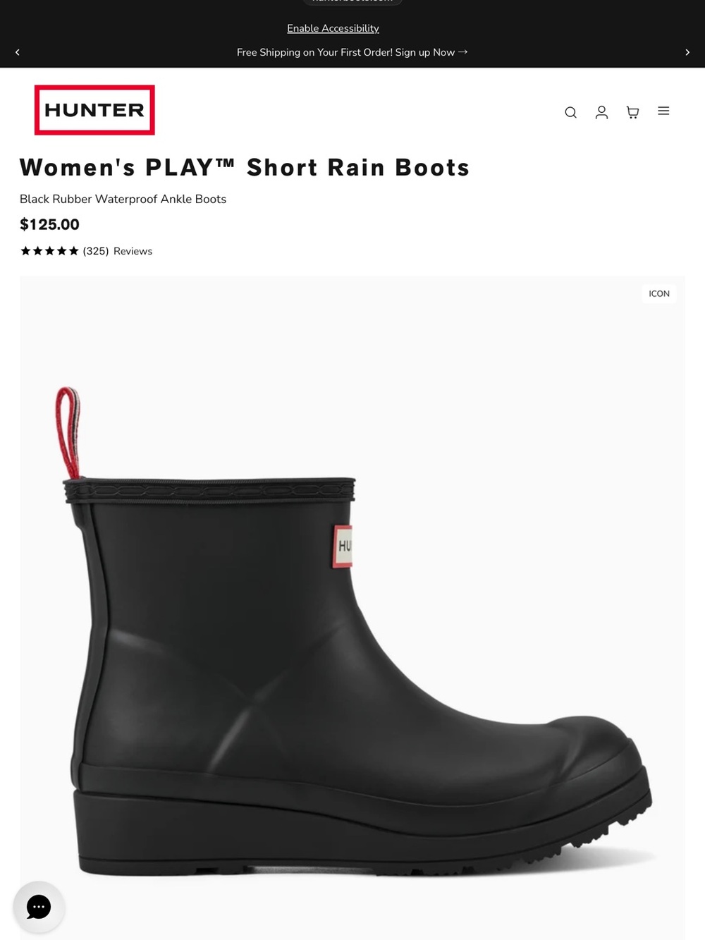 Hunter Women's PLAY Short Black Rain Ankle Boots with Red Pull Tab